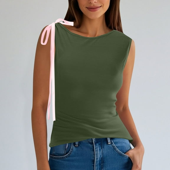 ITSAME Women's Tank Tops, Sweet Bow Shoulder Loose Fit Crew Neck Summer 2025 Causal Fashion Blouse Army Green L
