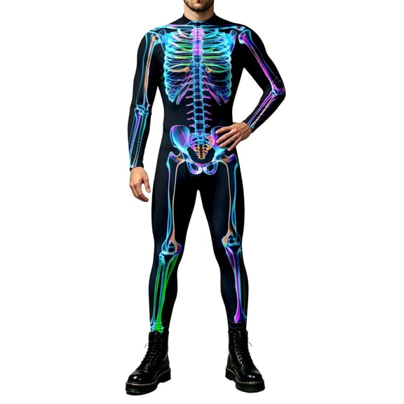 ZHOGXU Halloween Skeleton Jumpsuit For Men Tight Fit Bodysuit With Zipper Front Slim Fit One Piece Outfit Night Club,Black,S