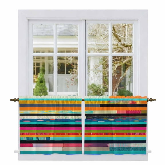 Colorful Striped Tier Curtains, Modern Abstract Art Retro Light Filtering Kitchen Curtains, 2Pcs Rod Pocket Half Window Treatments Panels for Sink Cafe Cabinet Camper 27.5x36 Inches