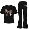 thumbnail image 6 of HBYJLZYG Girls 2 Piece Outfit Set with Bow Print Short Sleeve T-Shirt and Flare Pants, Lightweight Summer Casual Outfit for Kids Daily Wear and Vacation, 6 of 7