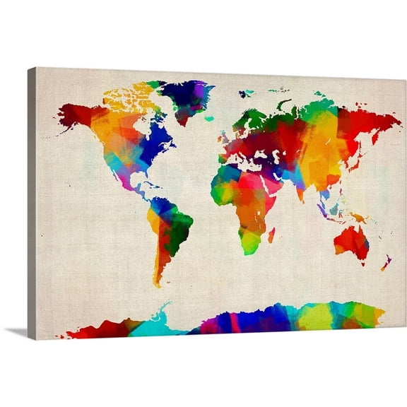 Great Big Canvas "World Map made up of brightly colored paint" by Michael Tompsett Red Olive Green Wrapped Canvas Print Wall Artwork