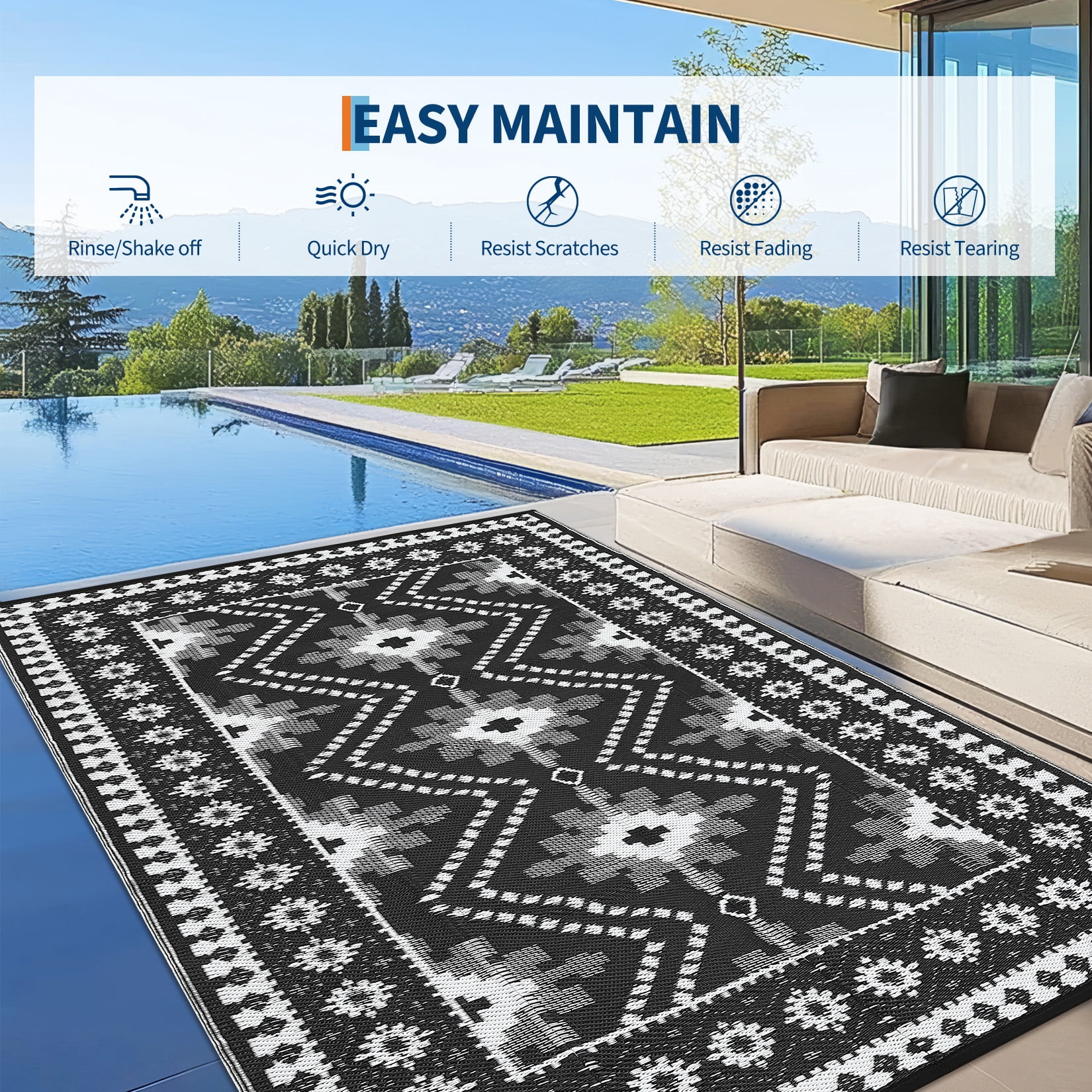 HIWEAVER 9' x 12' Black/White Outdoor Rug PP Plastic Straw Woven Waterproof Patio Rug with Border Portable Outside Carpet for Balcony Deck Picnic Garden Decor