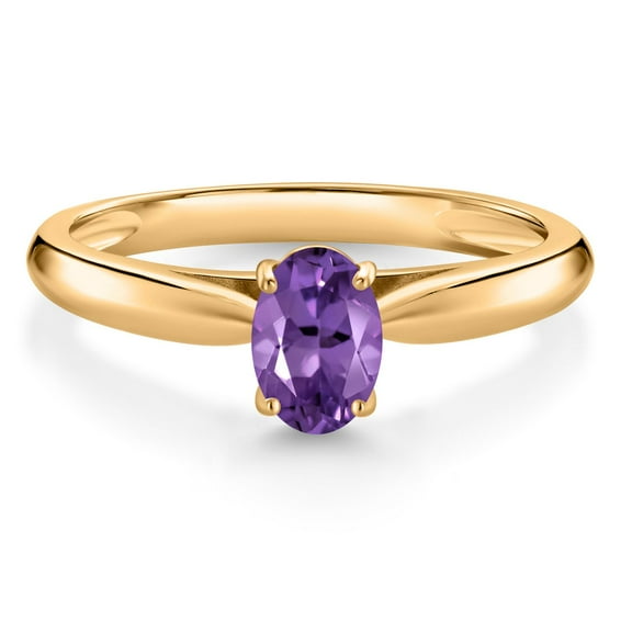 Gem Stone King 0.45 Ct Oval Purple Amethyst 10K Yellow Gold Solitaire Engagement Ring