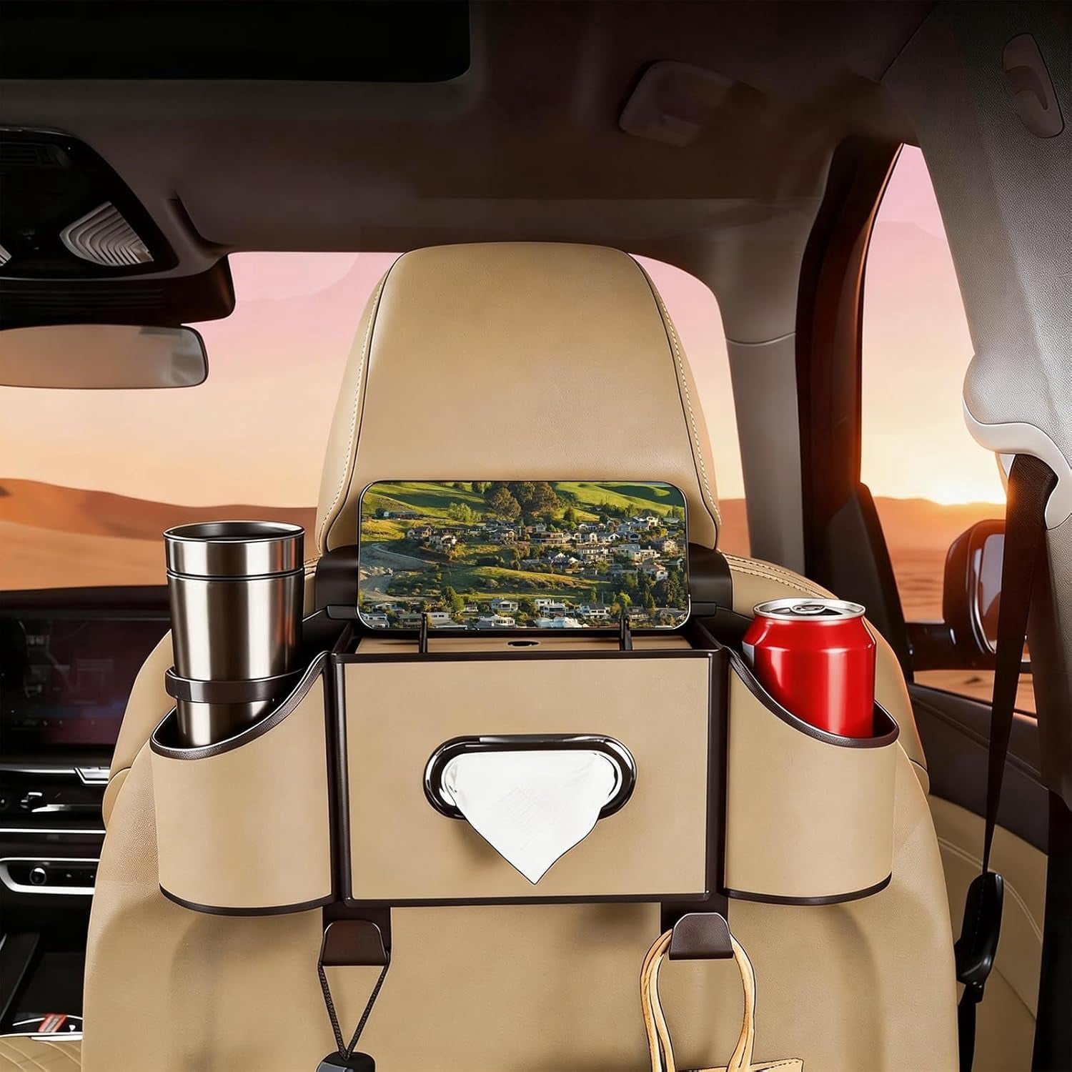 4-in-1 Back Seat Car Organizer with Multi-Pocket Storage & Cup Holders, Universal Fit Backseat Organizer for Travel & Daily Use, Meter