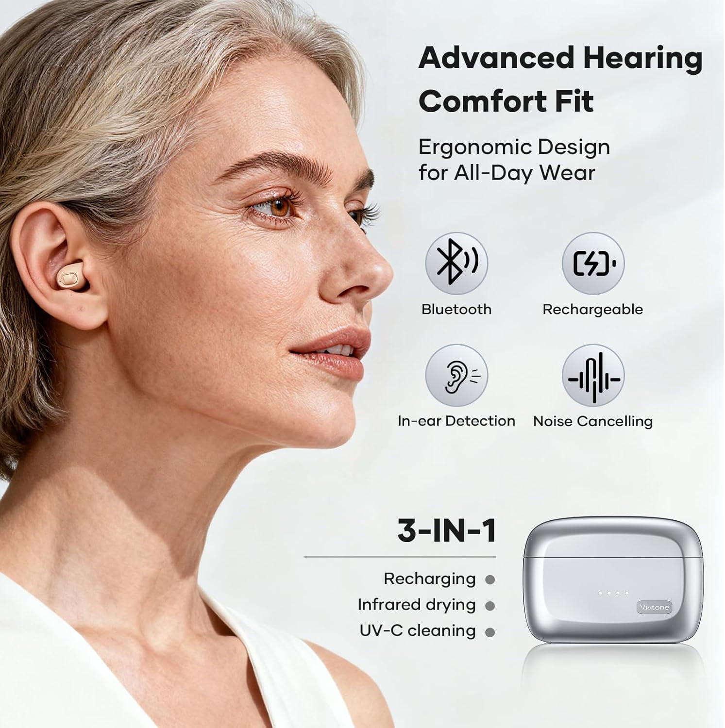 Vivtone SyncTune Rechargeable OTC Hearing Aids for Seniors, Bluetooth Enables Phone Call & Music Streaming, 300H Backup Power