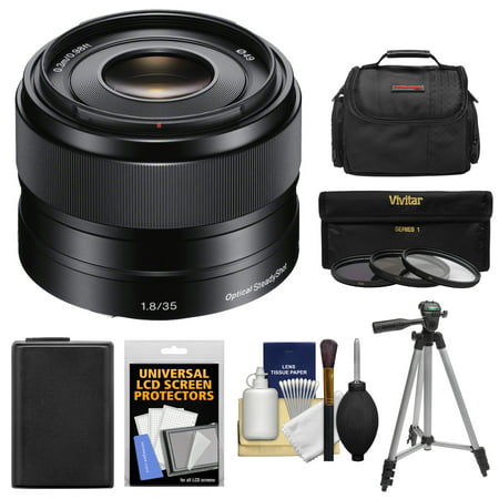 Sony Alpha E-Mount 35mm f/1.8 OSS Lens with Battery + Case + 3 Filters + Tripod Kit for A7, A7R, A7S Mark II, A5100, A6000, A6300