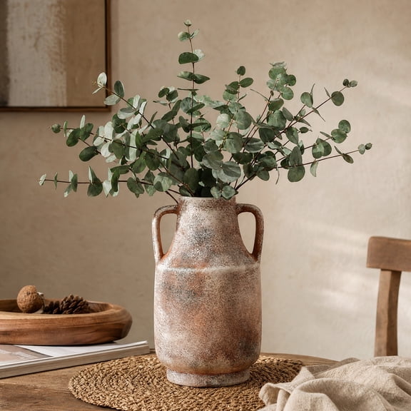 Ceramic Flower Vase with Handles, Tall Vase for Centerpieces, Large Decorative Terracotta Vases, Farmhouse Rustic Vases for Home Decor, Living Room, Table, Neutral
