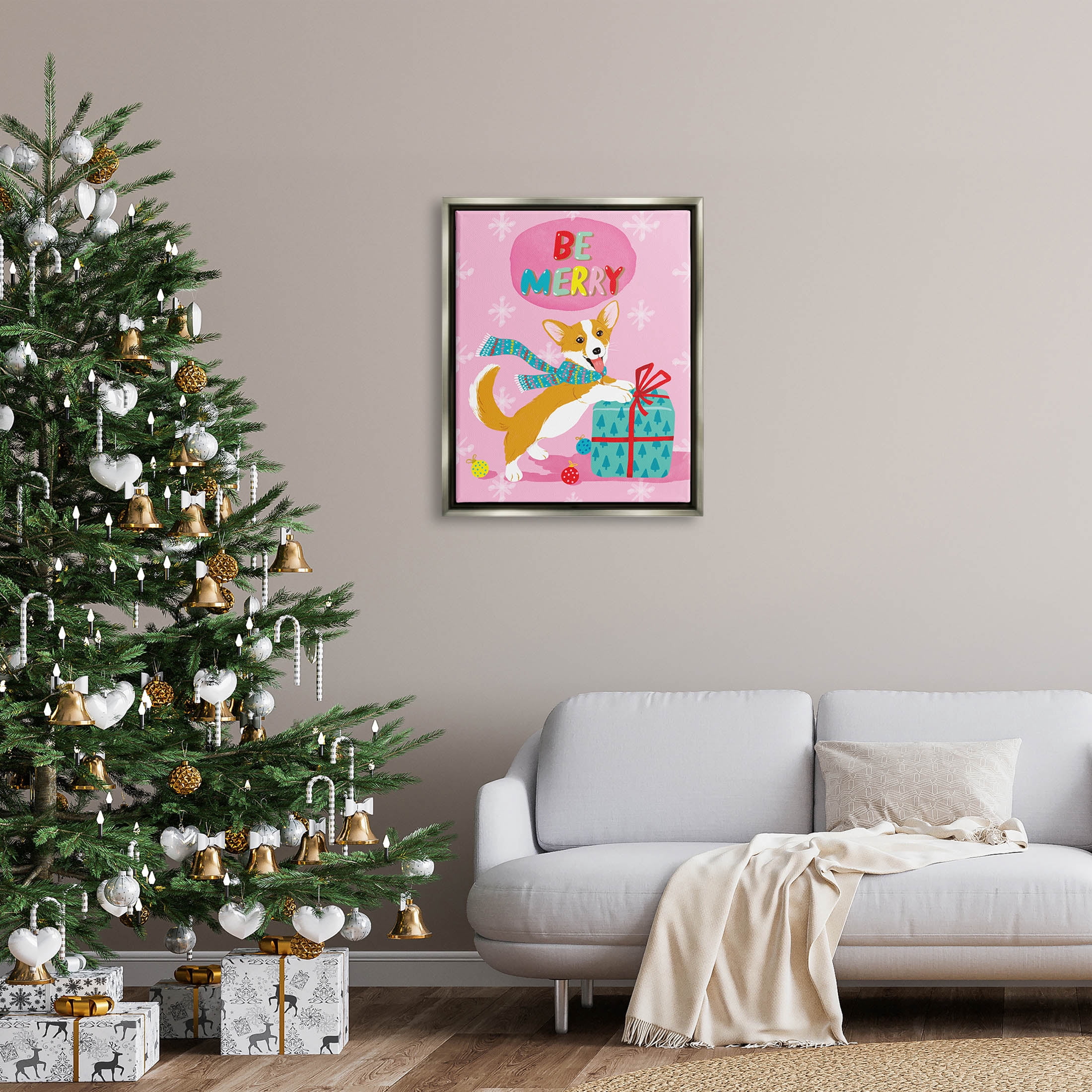Be Merry Smiling Puppy Gift Holiday Graphic Art Luster Gray Framed Art Print Wall Art