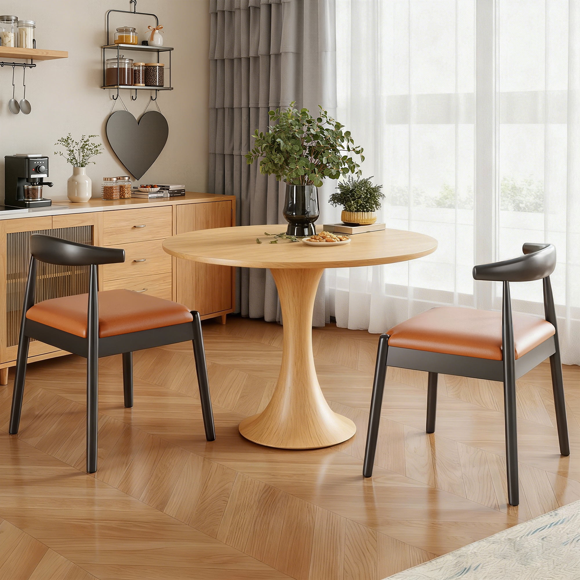 MAYEERTY Set of 2 Modern Dining Chairs, Solid Wood Legs & Woven Rope for Dining Room, Black-wiskey Brown