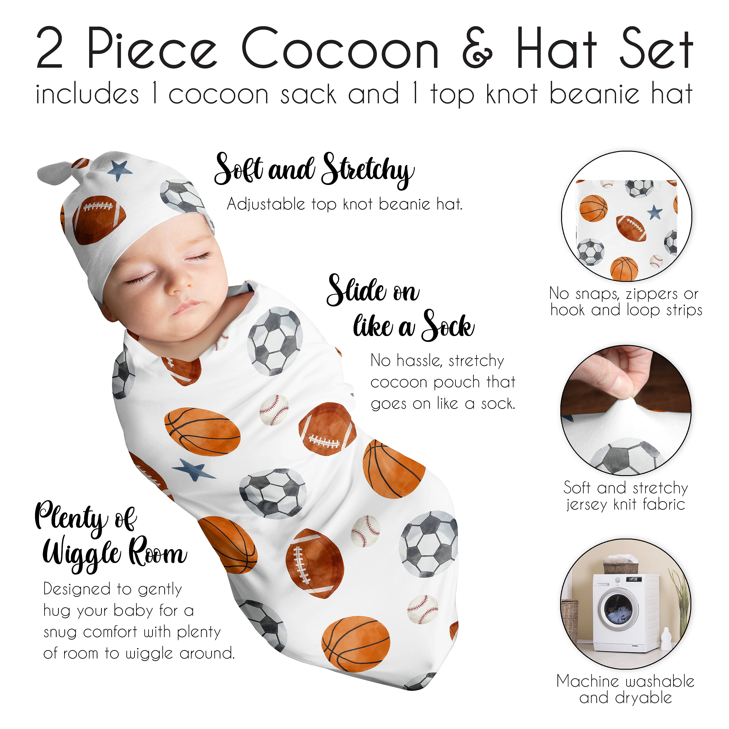 Sweet Jojo Designs Watercolor Sports Theme Boy Baby Cocoon and Beanie Hat Sleep Sack Set 2 Piece