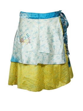 Mogul Womens Wrap Skirt Silk Sari Two Layer Vintage Magic Wrap Wraparound Mini Skirts