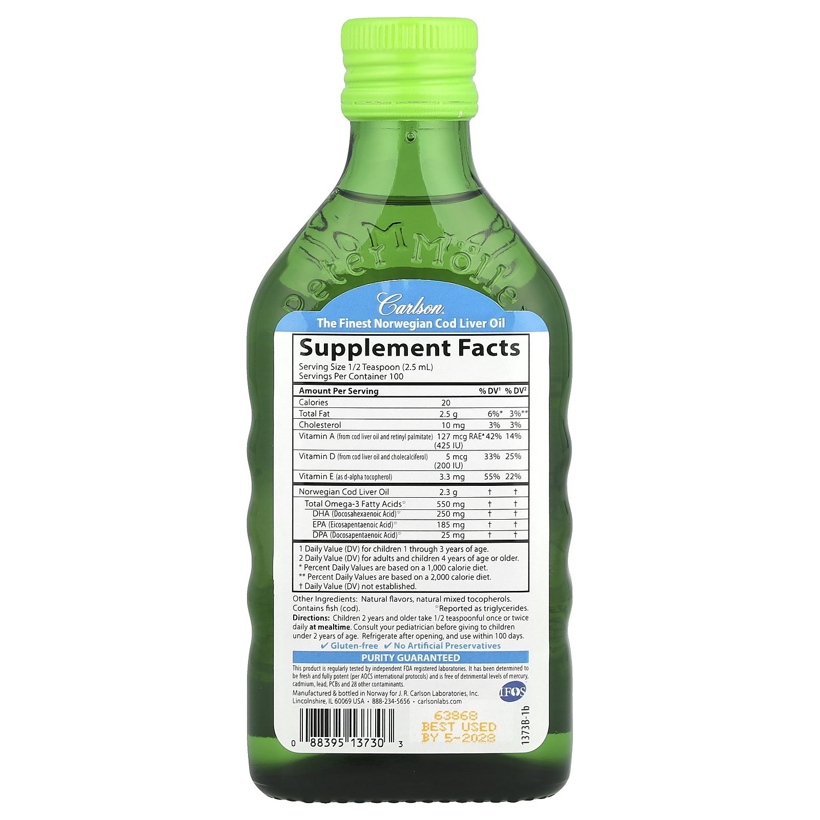 Carlson - Kid's Cod Liver Oil, 550 mg Omega-3s + A & D3, Norwegian, Wild Caught, Sustainably Sourced, Green Apple, 250 mL (8.4 Fl Oz)