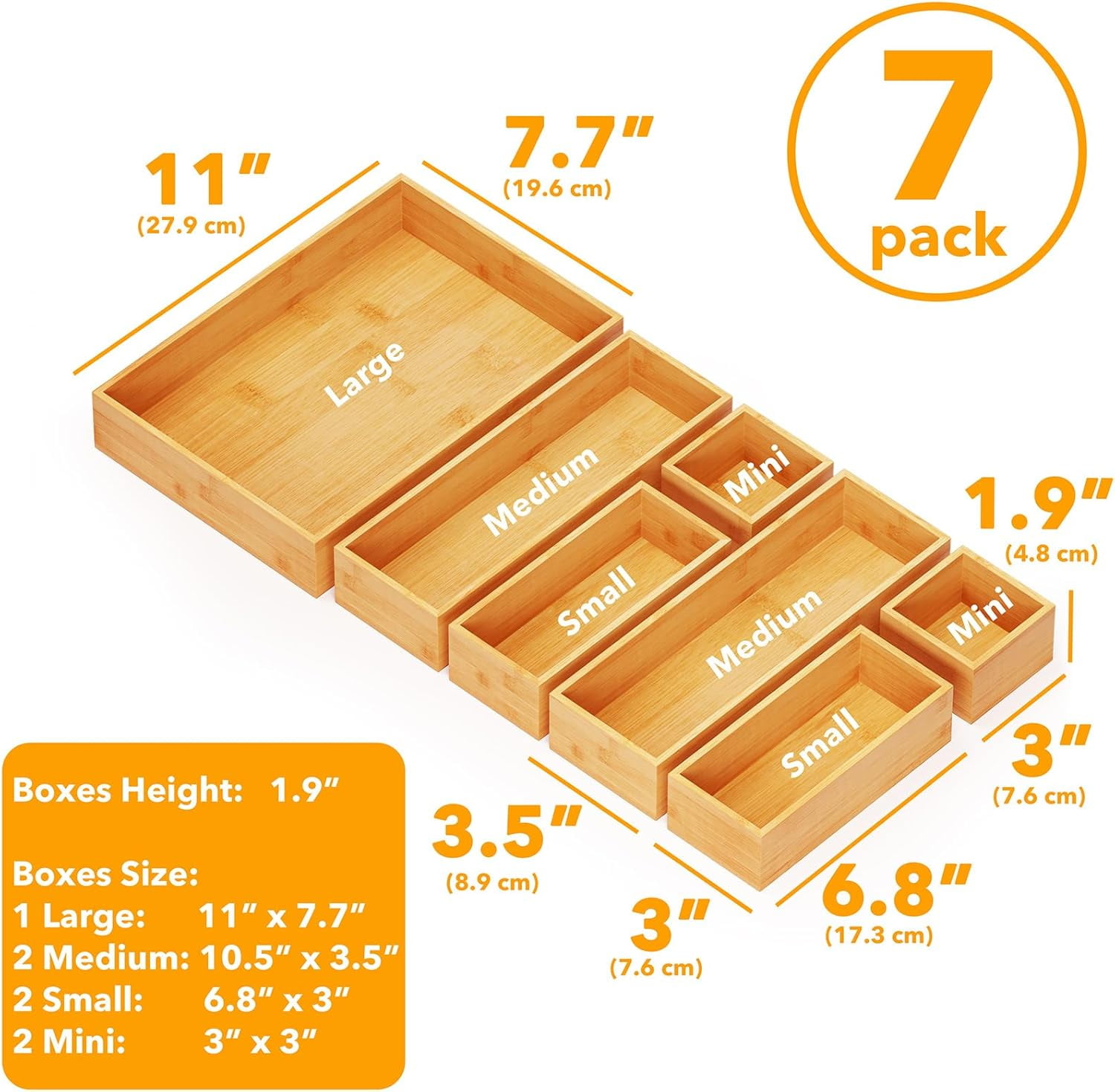 SpaceAid Bamboo Drawer Organizer Storage Boxes Set(7 Pack, Natural)