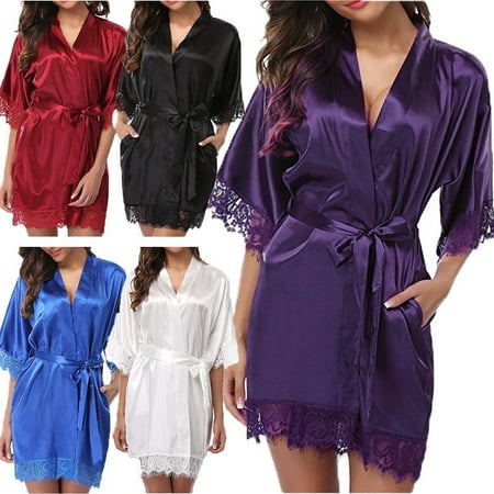 - Women Summer Sexy Nightdress Satin Lace Kimono Sleepwear Lingerie Dress Gown Robe