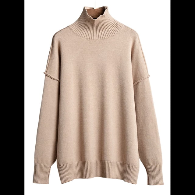 Suéter de Larga y Cuello Alto para Mujer, Estilo Informal, Holgado, de Punto Grueso, para Otoño e Invierno. Caqui M