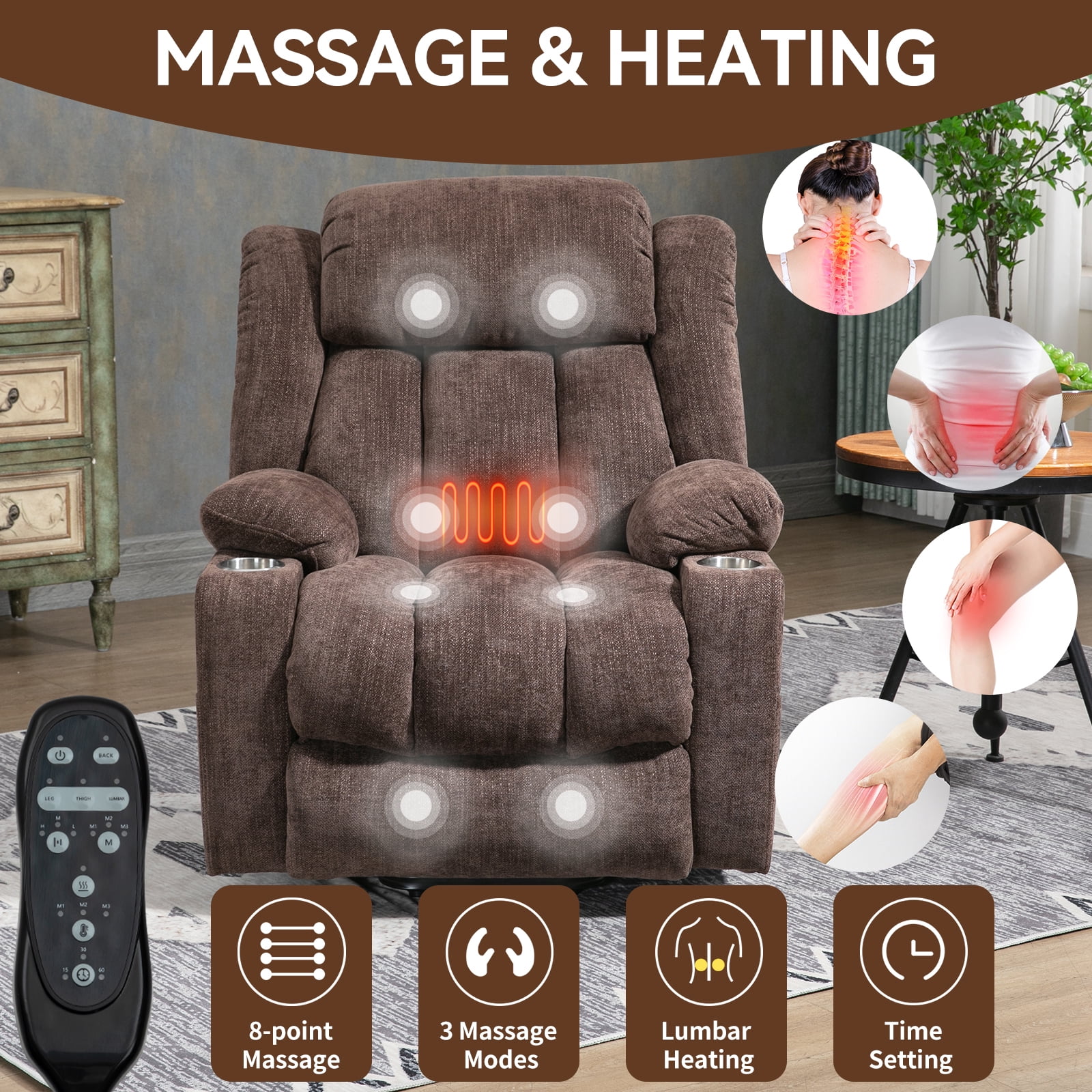 Alvantor Power Lift Recliner Chair for Elderly with Massage and Heat, Chenille Recliners Chair with USB Ports & Cup Holders Brown