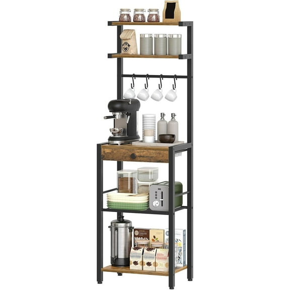 Bakers Rack, 5-Tier Coffee Bar Station, Coffee Stand with Pod Drawer Holder, Versatile Kitchen Storage Rack with 4 Hooks, for Living Room, Cafe Corner, Rustic Brown and Black KF01BRY1
