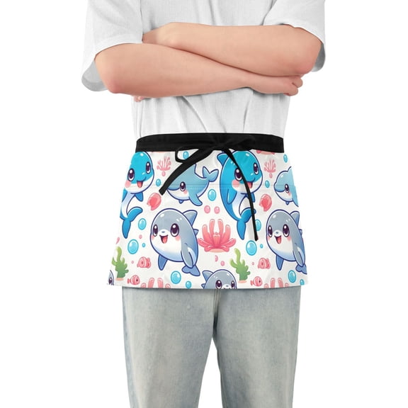 Server Apron with 3 Pockets Waterproof Waitress Waist Short Apron for Man Woman Lovely Dolphin and Coral 12 Inches