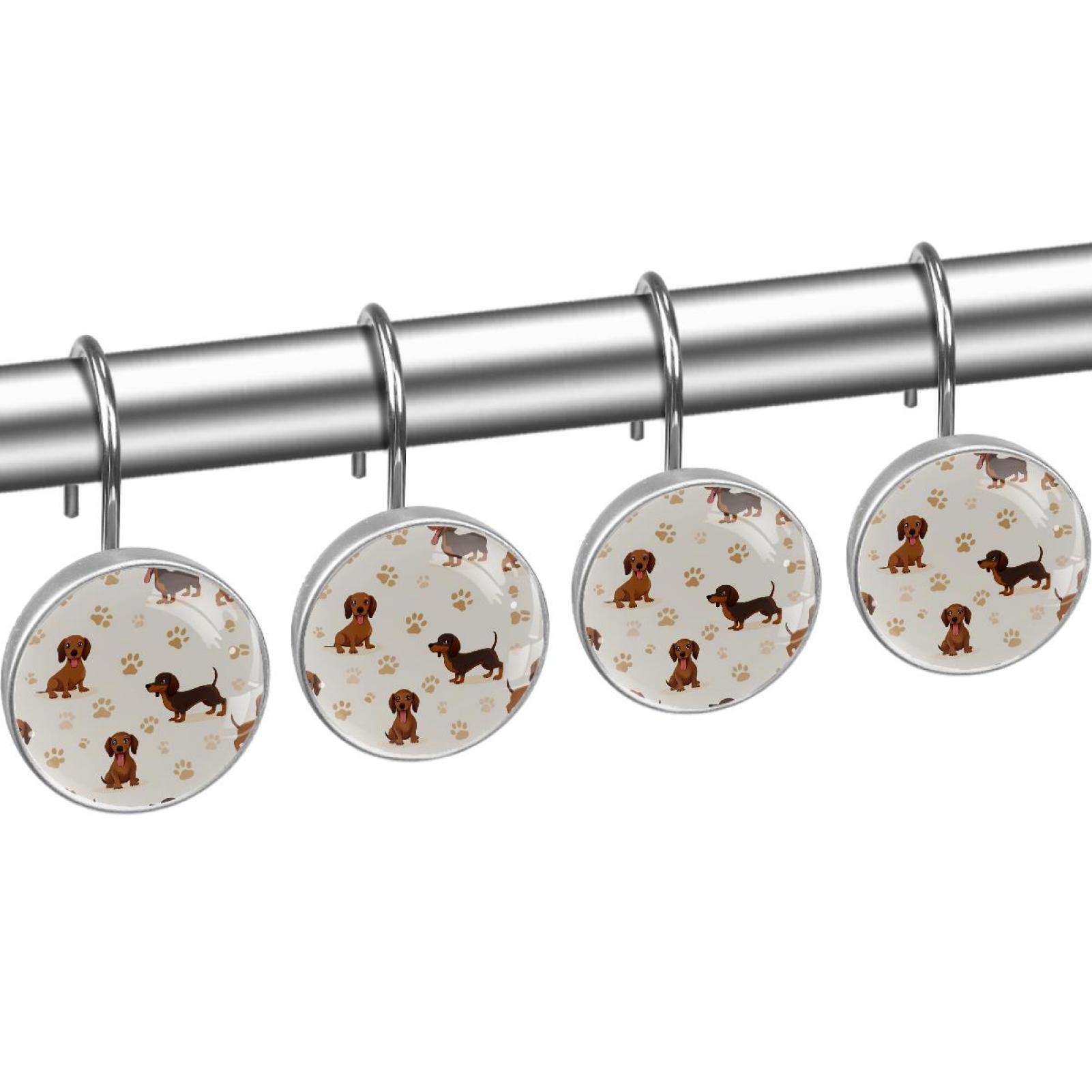 Cute Dachshunds Paw Footprints Shower Curtain Hooks Round Crystal Glass, Set of 12 Shower Curtain Rings - Shower Hooks for Curtain Shower Rings