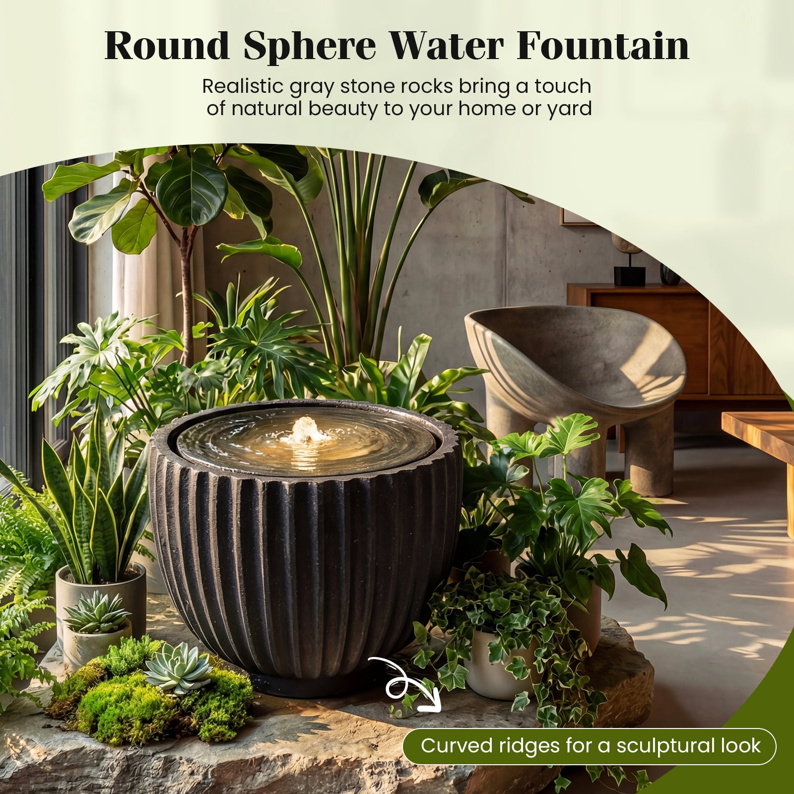 Costway 17.5” Outdoor Round Sphere Water Fountain with LED Lights & Pump for Garden Patio