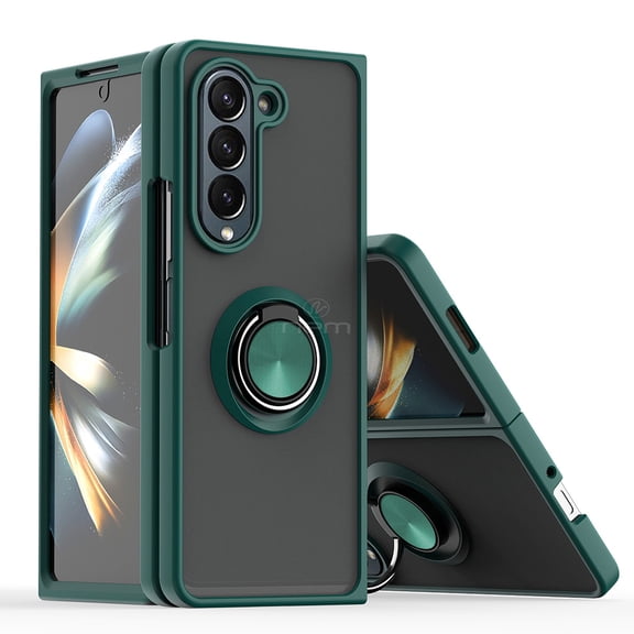 For Samsung Galaxy Z Fold 5 Impact Metal Ring Holder Stand Magnetic Car Mount Protective Hybrid Case Cover Green