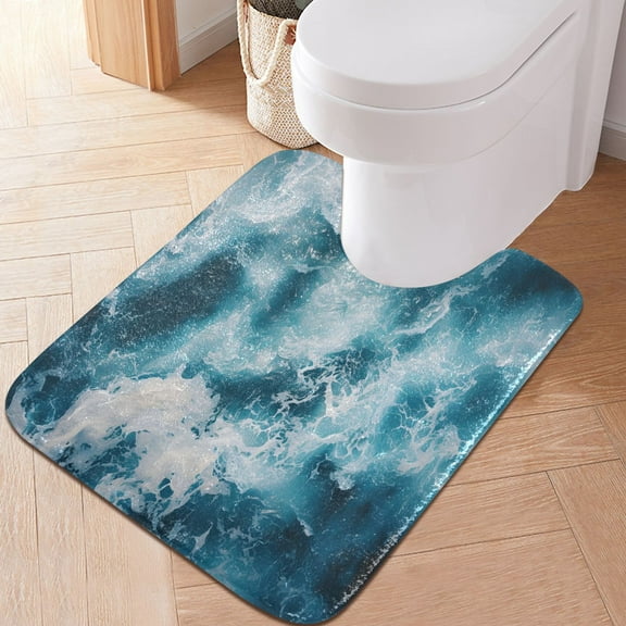 Toilet Rug U-Shaped Bathroom Rugs Non-Slip Soft Plush Machine Washable Contour Bath Mat Ocean and Wave 24x20