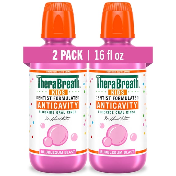 TheraBreath Kids Anticavity Fluoride Oral Rinse, Strengthens Teeth & Enamel, Alcohol Free & Dye Free, Certified Organic Bubblegum Blast Flavor, 16 Fl Oz, 2-Pack