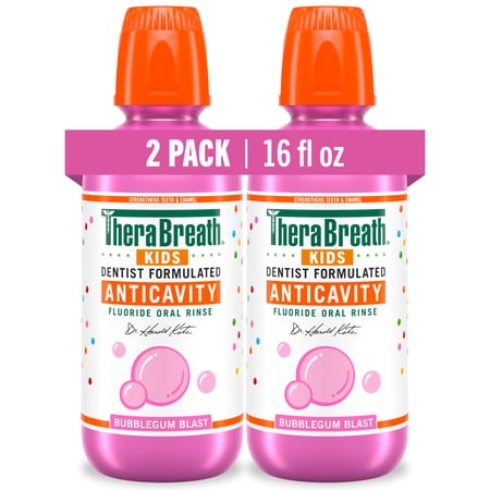 TheraBreath Kids Anticavity Fluoride Oral Rinse, Strengthens Teeth & Enamel, Alcohol Free & Dye Free, Certified Organic Bubblegum Blast Flavor, 16 Fl Oz, 2-Pack