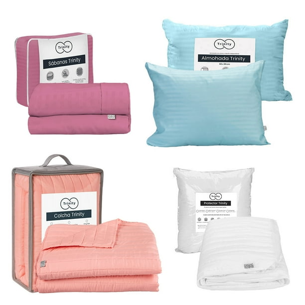 Colcha individual Acabado Ultrasónico Rosa + Protector de colchón + Juego de Sábanas + Almohada Trinity