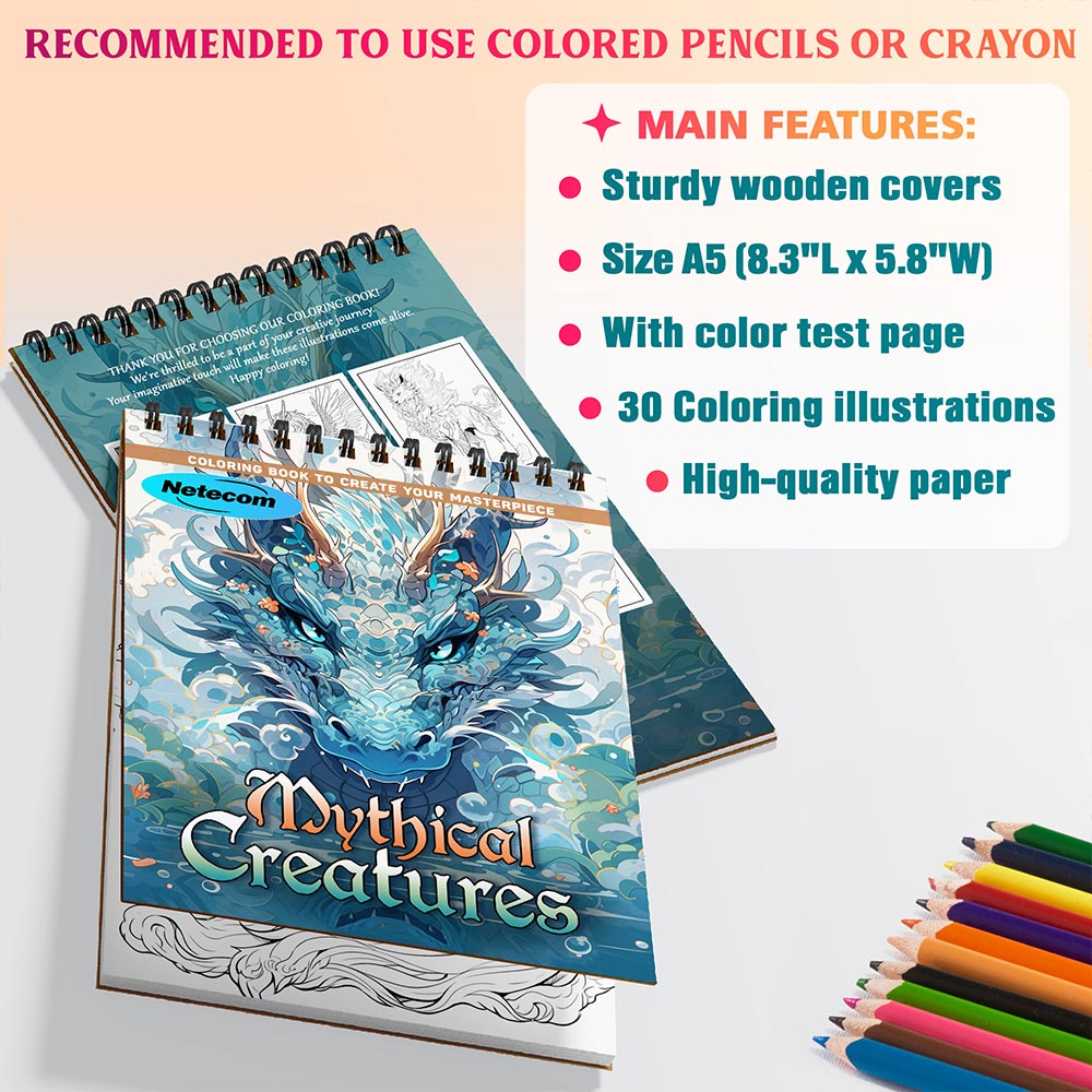 Mythical Creatures Coloring Book Spiral Bound For Adults, A5 Wooden Cover, 30 Beautiful Coloring Pages of Enchanted Worlds for Stress Relief and Relaxation