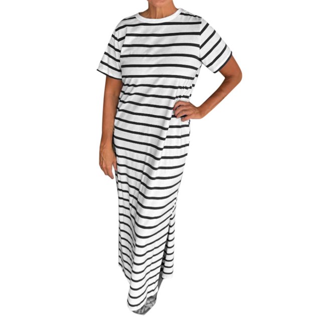 TSADFHJI Jupe en Jean Motif Rayé Poche Latérale Robe T-Shirt Décontractée pour Femmes Manches Courtes avec Ourlet Fendu Col Rond Robe de Mode m Blanc