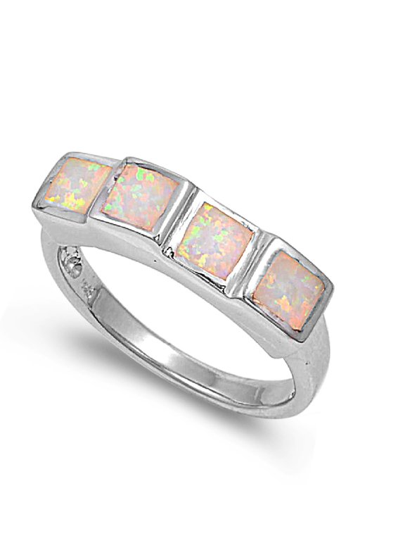 Quad Princess Cut Center White Simulated Opal Ring Sterling Silver Size 7