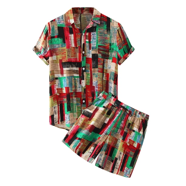 Conjunto casual de blusa y pantalones de playa de manga corta con estampado de botones para hombre Pompotops oipoqjl51439