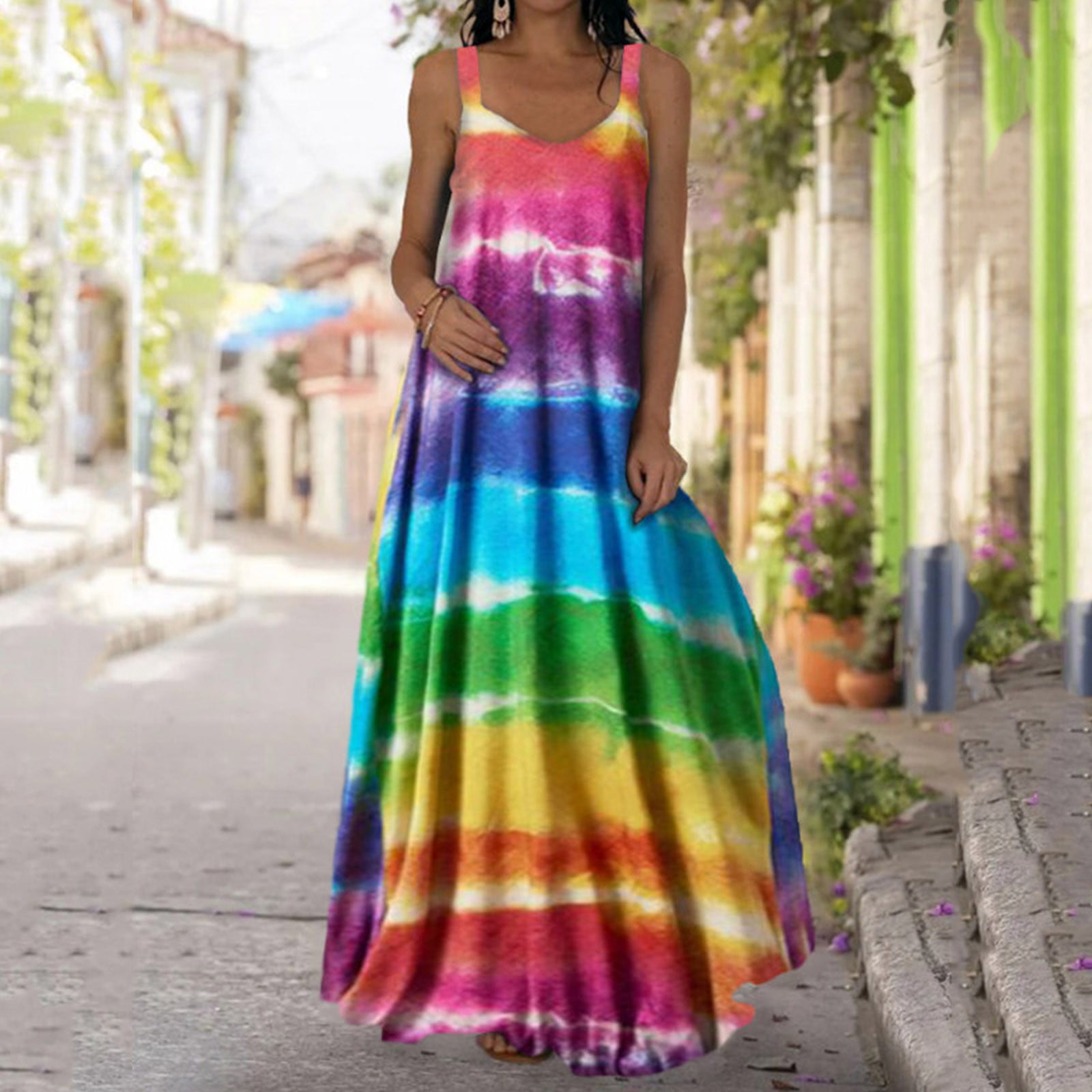 UK Womens Sundress Holiday Ombre Ladies Tie-dye Cami Summer Loose Mini Dress