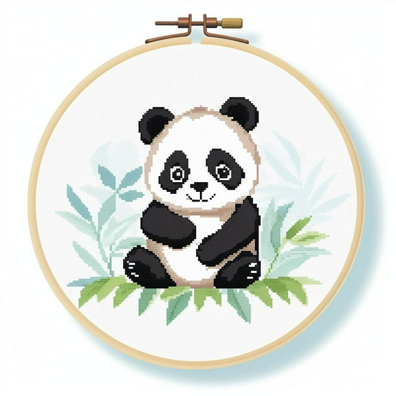 Cartoon Simple Animal Panda 11CT Stamped Cross Stitch Kits Easy for Beginners Child with Hoop DIY Needlepoint Counted Embroidery Kits Art Craft Wall Decor 12x12IN(3)