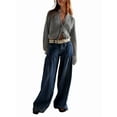 thumbnail image 2 of Women's Lotus Tube Jeans Mid Rise Baggy Wide Leg Jeans Ruffle Pleated Denim Pants with Drawstring, 2 of 8