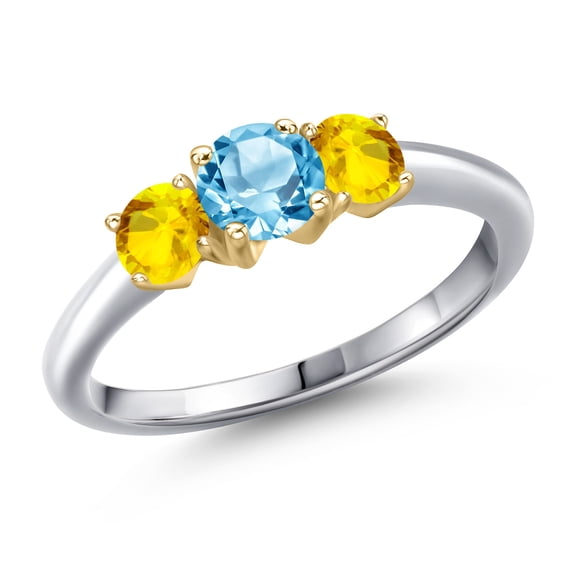 Gem Stone King 925 Silver and 10K Yellow Gold Swiss Blue Topaz and Yellow Sapphire Engagement Ring for Women | 1.37 Cttw | Round 5MM | Gemstone November Birthstone | Size 7