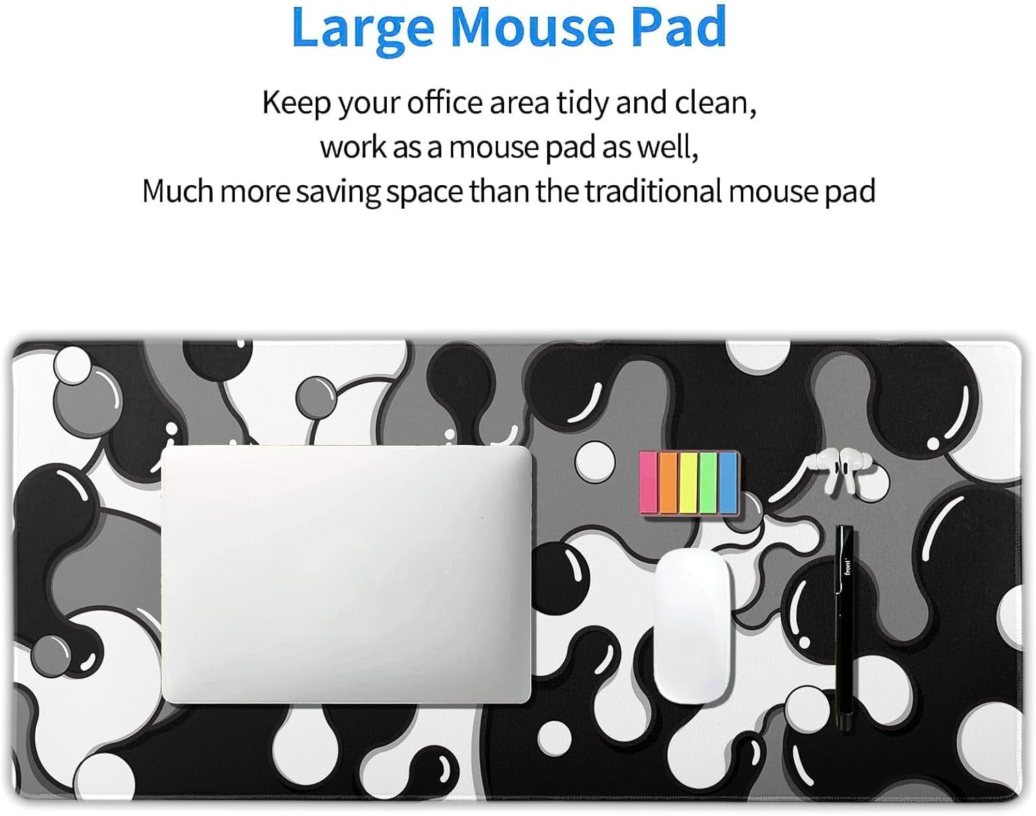 aportt Black White Grey Mouse Pad XXL Anime Cool Geometric Japanese Extended Desk Mat 90X40 CM Non-Slip Rubber Base Stitched Edge Large Mousepad for Gaming Laptop Computer Desktop 35.4×15.7 Inch
