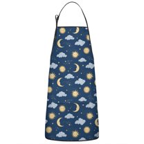 Dark Blue Sun Moon Cloud Star Pattern Apron-Garden Aprons for Women with Pockets-Cotton Linen Waterproof Kitchen Cooking Gardening Aprons Adjustable for Kitchen,Cooking,BBQ and Salon 33x27 Inch