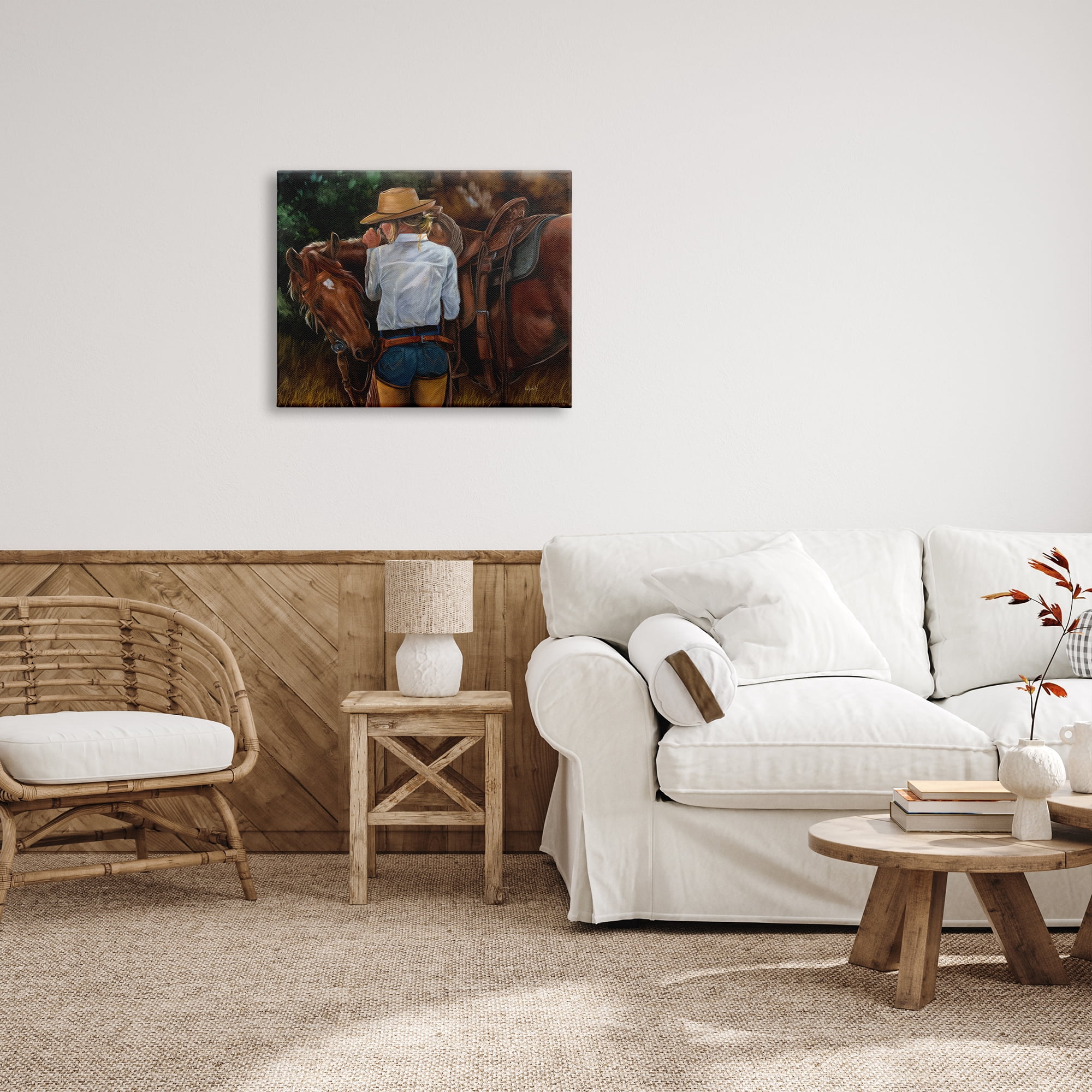 Stupell Industries Cowgirl Tending to Horse Animals & Insects Painting Gallery Wrapped Canvas Art Print Wall Art, 30 x 24