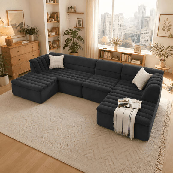 BOGYKIK 135" U-Shaped Modular Sectional Sofa, Chenille w/Chaise & Ottoman, No Assembly Living Room Couch