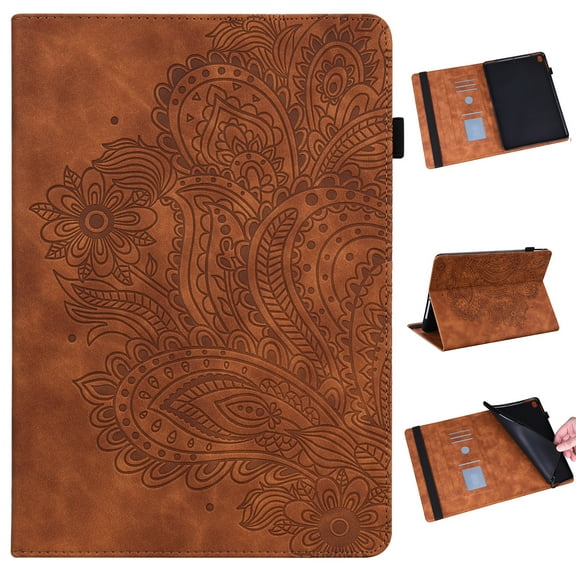 SM-X200/SM-X205 Case with S Pen Holder, Galaxy Tab A8 10.5" Cover 2021, Allytech Premium Embossed Floral Adjutsable Stand Elastic Band Protective Wallet Case for Samsung Tab A8 X200 2021, Brown