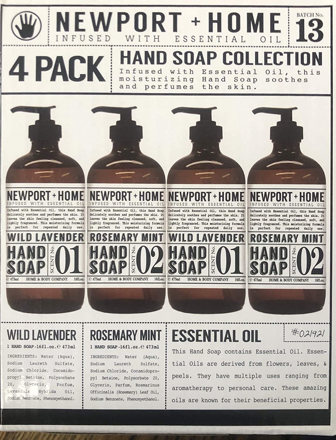 4 Bottles Newport + Home Hand Soap 2 Rosemary Mint 2 Wild Lavender 16oz