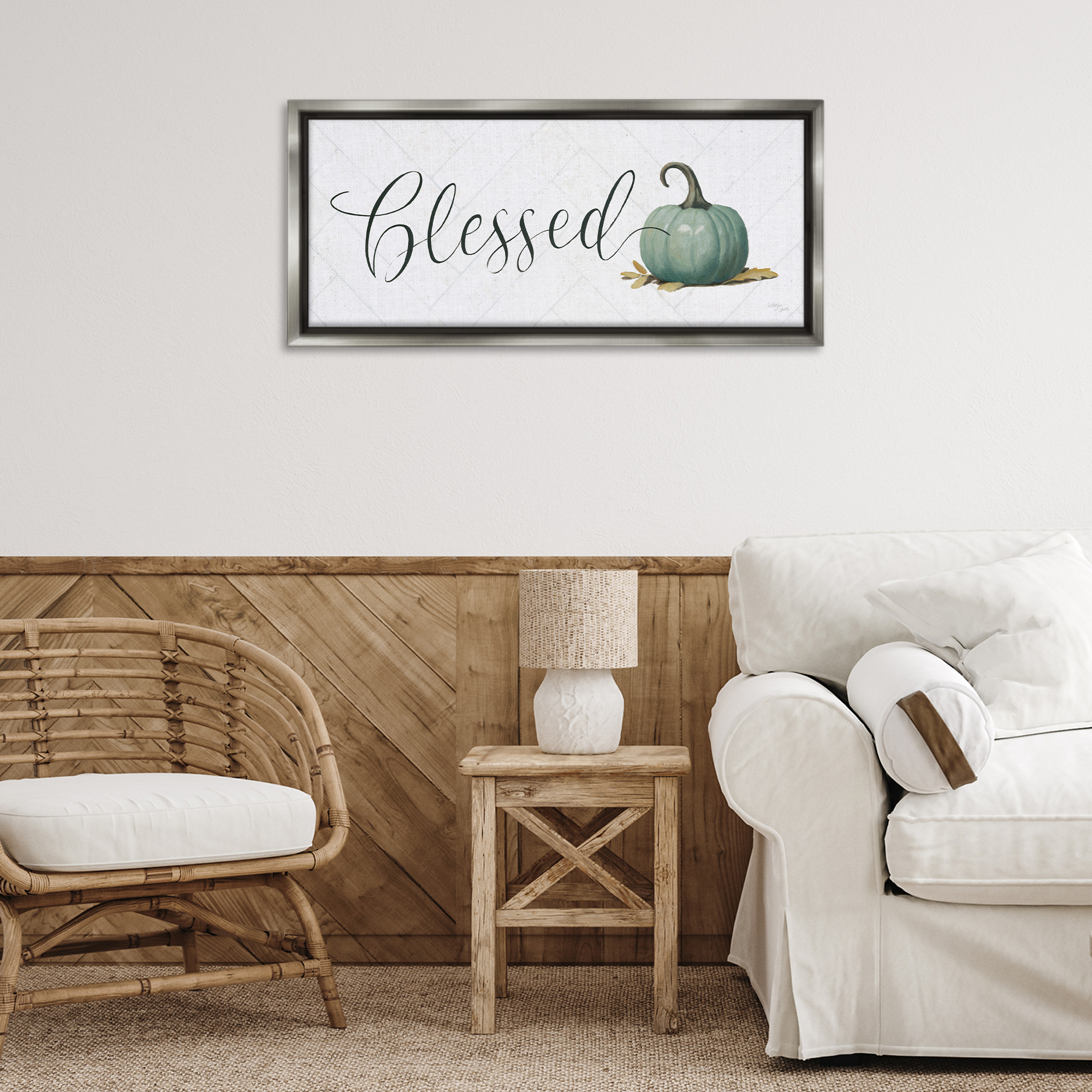 Stupell Industries Blessed with Pumpkin Typography Painting Gray Floater Framed Canvas Art Prints Wall Art, 31 x 14
