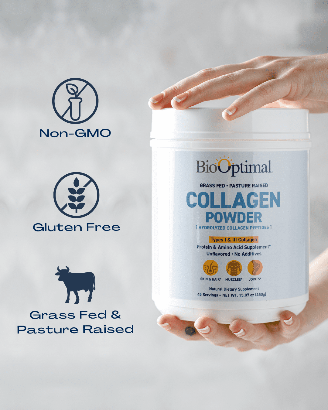 BioOptimal Collagen Powder - Collagen Peptides Powder for Skin, Hair, Muscles & Joints, 450g