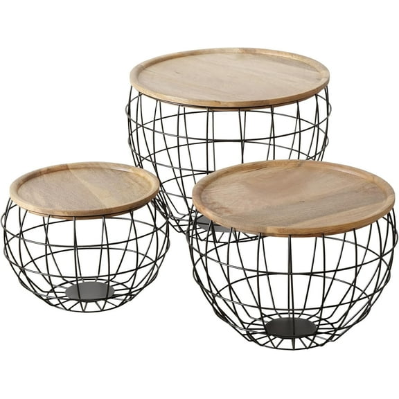 Wood Top Basket Bottom End Tables, Set of 3, Nesting, Thick Gauge Black Metal Cage Bases