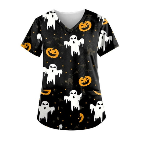 

CHMORA Stretchy Print Scrubs Tops for Women Short Sleeve T-Shirts V Neck Nurse Uniforms with Two Big Pockets（Camel，M）