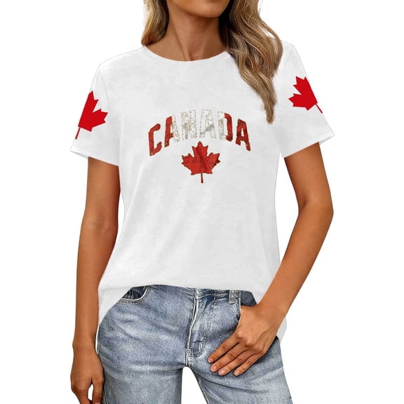 Wang6 Womens Short Sleeve Plus Size Tshirts Casual Canada Printed Graphic Tees Shirts Summer Crew Neck Loose Fit Tops White XL