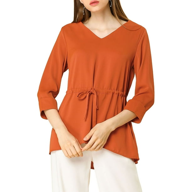 Blusa Top Peplum Allegra K Cordón De La Cintura Cuello En V Mangas 3/4 Elegante Naranja S