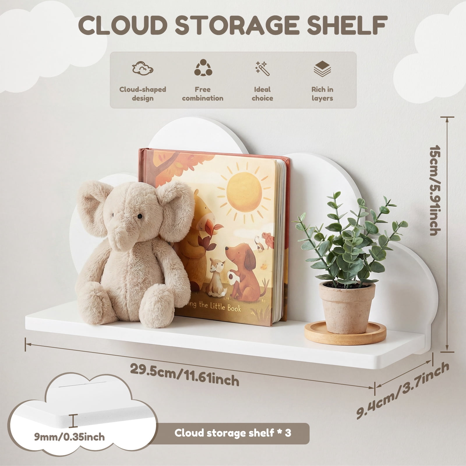 Threns Cloud Floating Corner Shelves - Set of 3 Cloud Corner Wall Shelves for Kid’s Room, White Floating Shelf Nursery Wall Deor, Small Cute Clouds Dispaly Shelf for Toys, Plants and Storage